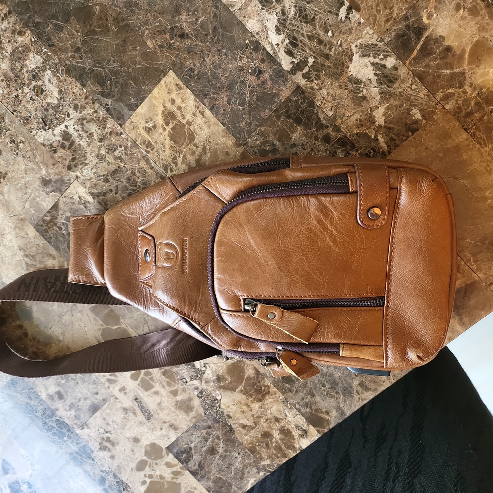 BULLCAPTAIN Leather Men Sling Bags Travel Crossbody Chest Bag Hiking Daypack